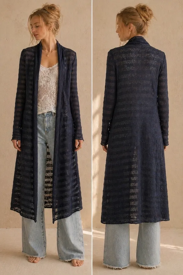 FREE PEOPLE Black Navy Striped Sweater Maxi Cardigan Duster 100% Cotton XS - Image 2