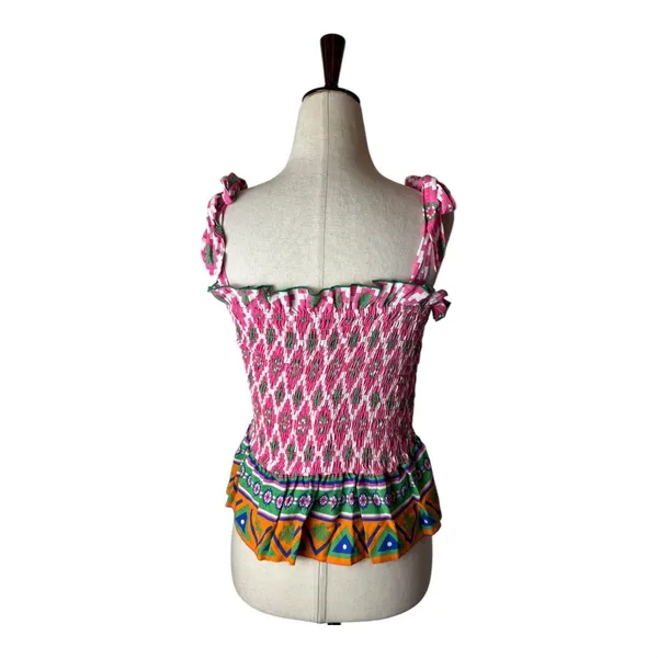 Feather & Find Shirt Women XS Pink Geometric‎ Shiva Boho Luxe Smocked Tie Strap - Image 3