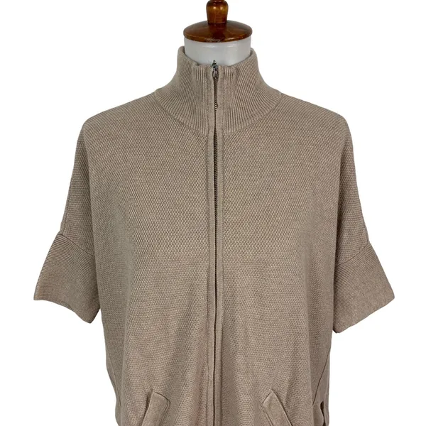 White House Black Market Sweater XS Tan Zip Up Short Sleeve Work Chic - Image 2