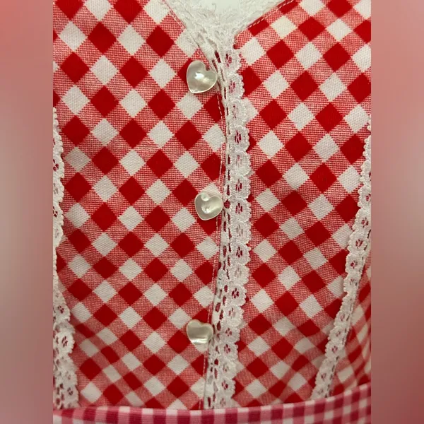 Red White Retro Gingham Checkered Lace Sleeveless Wing Hand Made Dress Sz S - Image 4