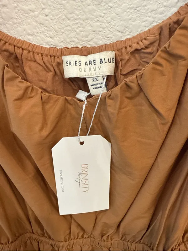 Skies Are Blue Curvy 2X Camel Brown Tiered Midi Dress Flutter Sleeve NWT - Image 4