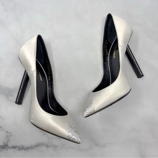 Saint Laurent Tower 110 Strass Embellished Silk Satin Pointed Toe Pump Heel 36.5 - Image 6