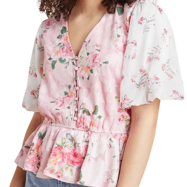 Anthropologie Hemant & Nandita Pink Embroidered Rose Garden Peplum‎ Blouse XS - Image 12