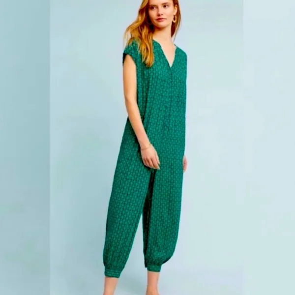 Maeve Geoscope Jumpsuit Small Green Blue Boho Graphic Print Button Front Belted - Image 2