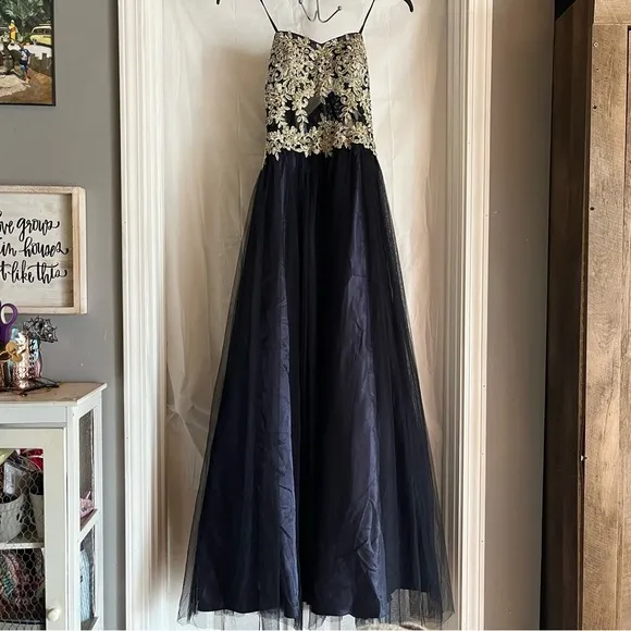 Blondie Nites Gown Juniors‎ Size 9 Navy Long Mesh Gown Corset Style Gold Prom - Image 5