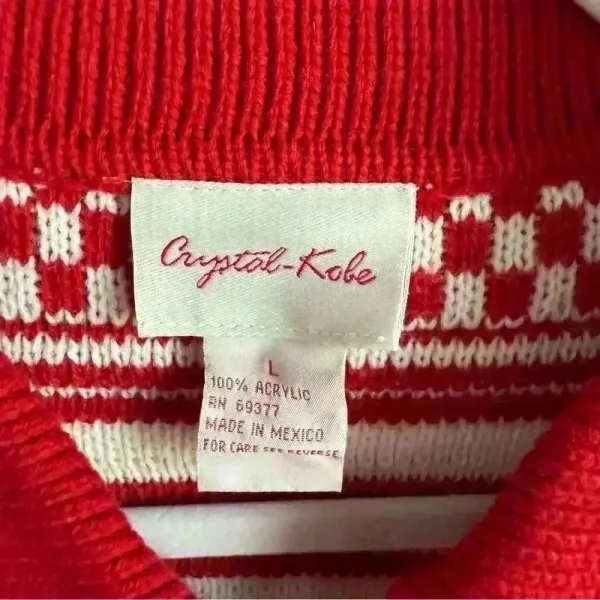 Crystal Kobe Zip Up Sweater Large Red And White Winter Warm Cardigan‎ Ski Casual - Image 9