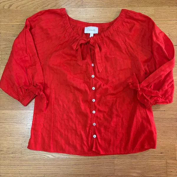 Cleobella Rylan Red Organic Cotton Coastal Preppy Tie Neck Button Up Blouse S - Image 3