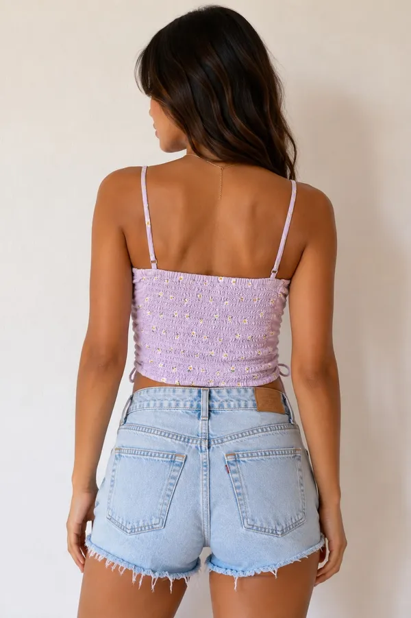 Hollister Purple Daisy Floral Ruched Cami Crop Top Size M - Image 2