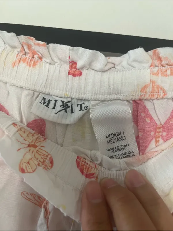 100% Cotton White Pink Butterfly Print Wide Leg Pajama Pants Medium Cottagecore - Image 4