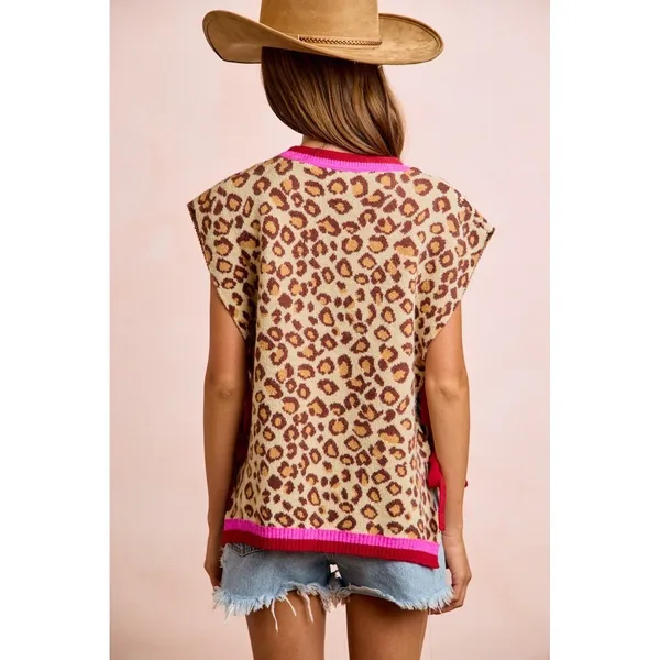 BiBi Leopard Pattern Side Tied Sweater Vest Top - Image 4