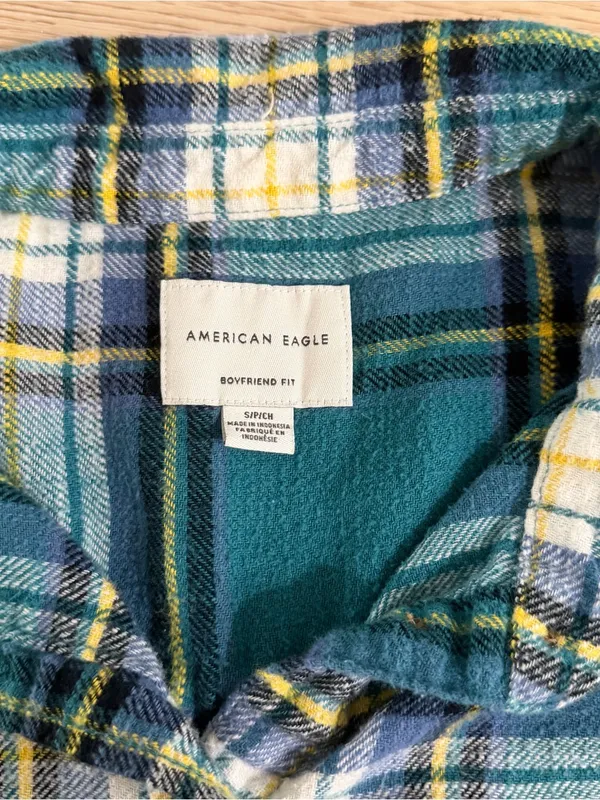 American Eagle Outfitters Teal Plaid Button-Down Flannel - Image 3