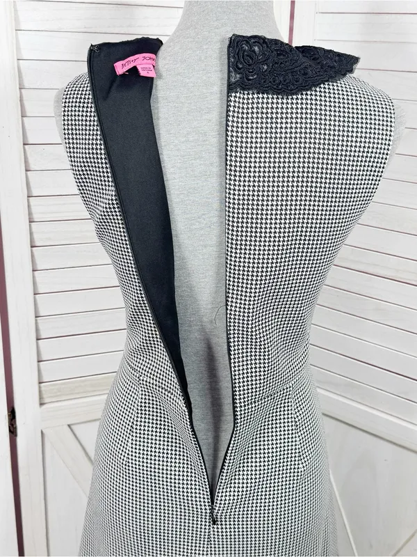 Betsey Johnson Lace Collar Houndstooth Sheath Dress Black White Sz 6 Sleeveless - Image 8