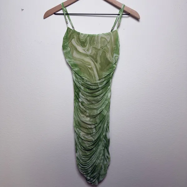 Naked Wardrobe Ruched Mesh Bodycon Mini Dress‎ Green Swirl Print Size S - Image 2