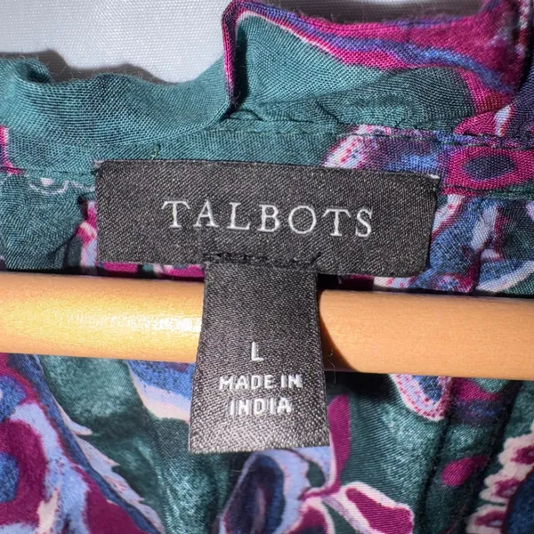 Talbots Womens Large Paisley Ruffle V-Neck Blouse Green Purple Long Sleeve Top - Image 4