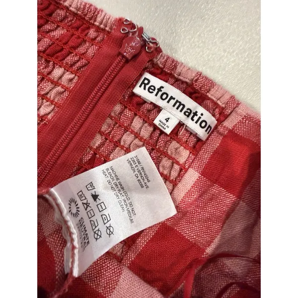 Reformation Halter Plaid Mini Dress 4 Red 100% Linen Festival Travel Vacation - Image 3