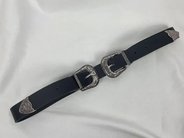 Double-Buckle Western Belts for Women, Vintage Design Leather Rhinestone Waist B - Image 3
