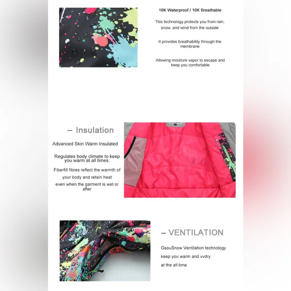 GSOU SNOW Paint Splatter Snowboarding Insulated Jacket Size XS Regular Fit NWOT - Image 9