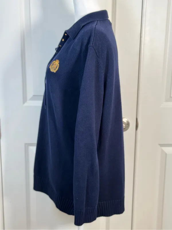Lauren Ralph Lauren Lace Up Sweater L Navy Crest Cotton Knit Collared Preppy - Image 5