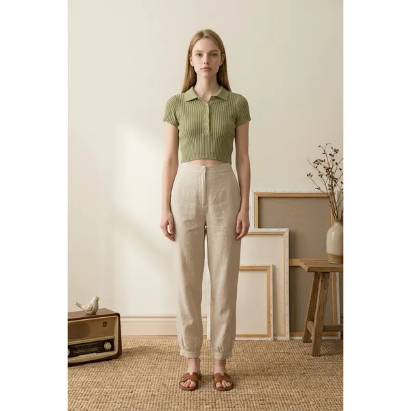 Brandy Melville Sage Green Ribbed Knit Polo Crop Top Small Cotton Short Sleeve - Image 10