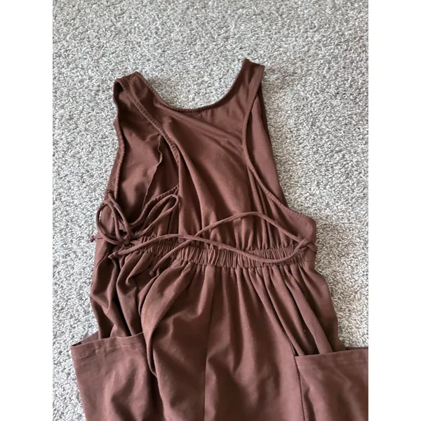 Anrabess Brown Sleeveless Cargo Pocket Jumpsuit XL Cross Back Jogger Hem Romper - Image 7