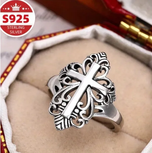 Boutique New Vintage Look Silver Cross Filigree Ring Size 8 - Image 6