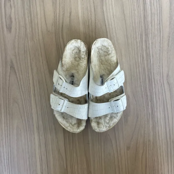 Birkenstock White Shearling-Lined Slide Sandals - Image 12