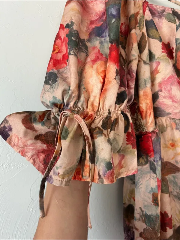 Peach and Pink Floral puff sleeve Midi Dress w Bows - Image 3