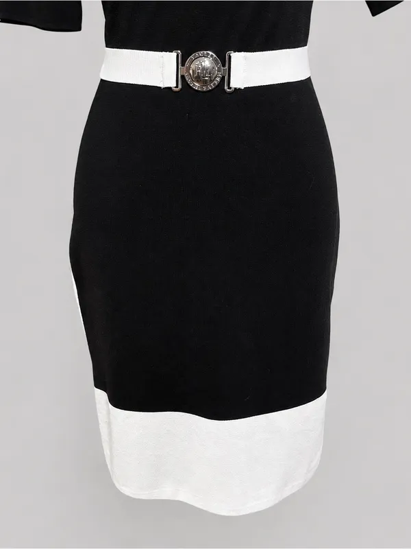 Lauren Ralph Lauren XS Black White Colorblock Belted Sheath Dress Stretch Knit - Image 4
