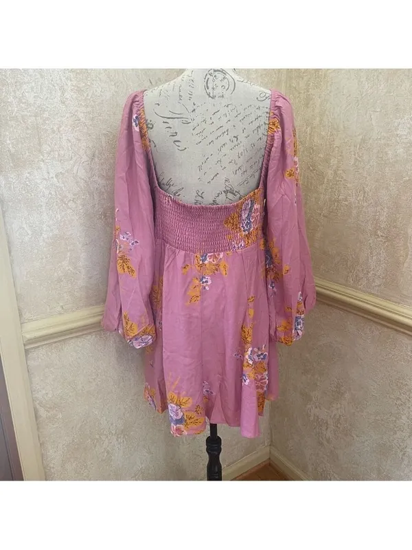 FREE PEOPLE Francesca Mini Babydoll Coqette Dress Floral Pink Puff Long sleeve L - Image 8