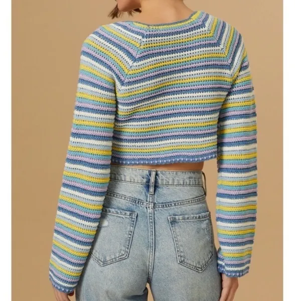 Altar'd State Womens Striped‎ Crochet Knit Cropped Sweater Blue Purple Yellow M - Image 3