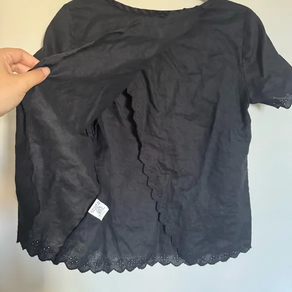 J. Crew Women Size 0 Linen Eyelet Lace Black Cross Open Back Blouse Top - Image 9