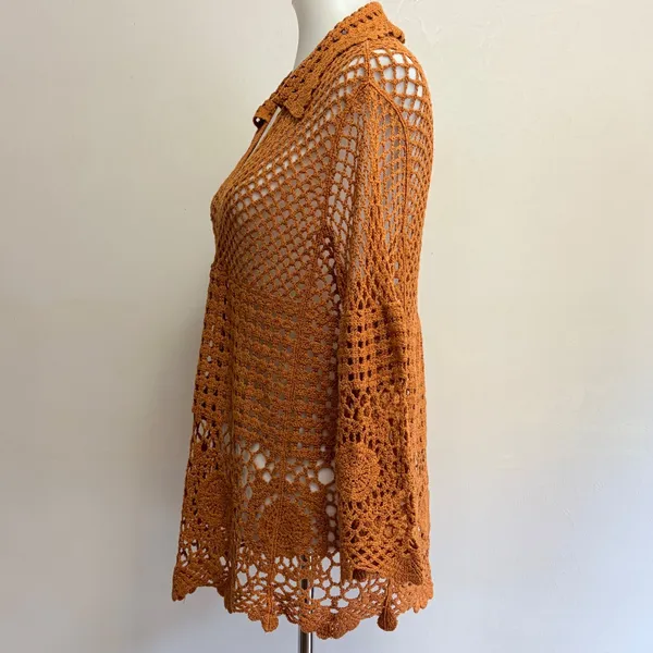 Cato Crochet Tunic Top L Rust Orange Cotton Open Knit Boho Vacation Festival - Image 3