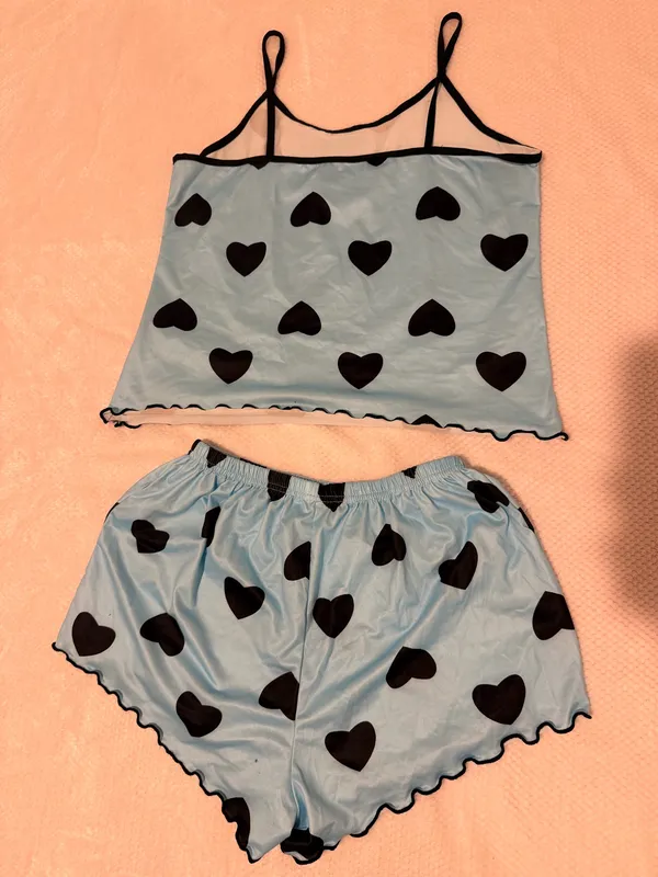 Light Blue Heart-Print Satin Cami & Short Sleep Set - Image 2
