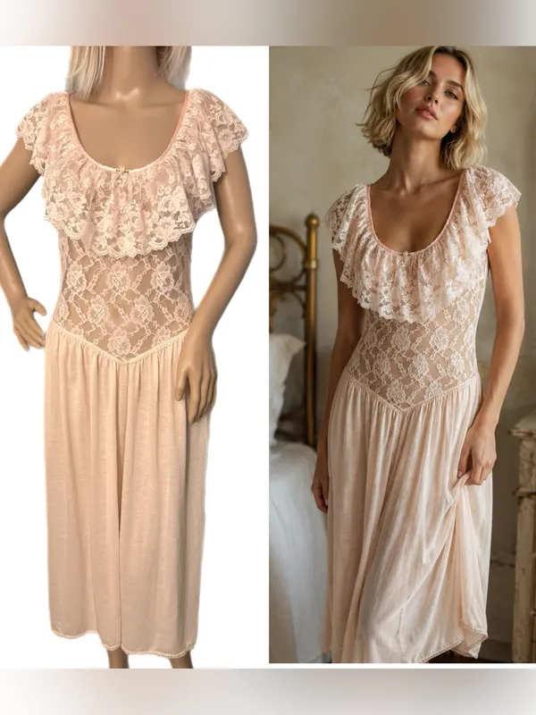 Vintage 80s Victoria’s Secret Union Made USA Lace Nightgown Size Small Pink Rare - Image 2