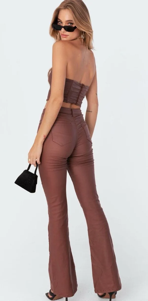 Edikted Luna Faux Leather Mid Rise Flared Jeans Size Medium Brown Chic - Image 2