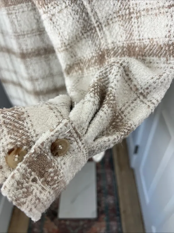 H&M Neutral Cream Tan Plaid Button Down Oversized Shacket Small - Image 6