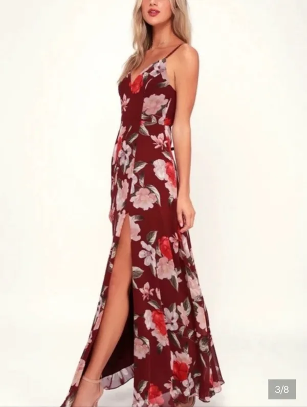 Lulus Into Bloom Burgundy Floral Print Maxi Dress size X Small - Image 2