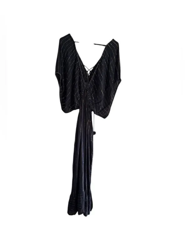 Black Maxi Dress with Gold Metallic Stripe and Side Slit - Image 10