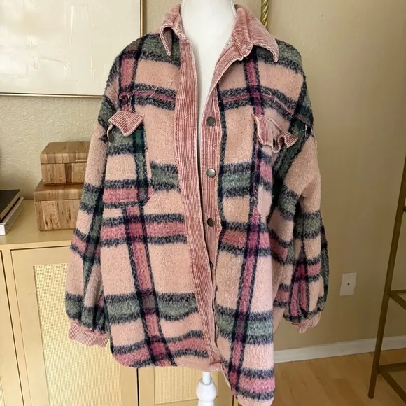 POL Pink Plaid Shacket Corduroy Elbow Patch Oversized‎ Fit Sz Small STYLE SMJ199 - Image 3