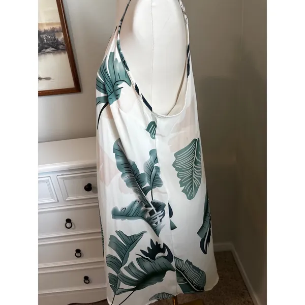 Tropical Leaf‎ Print Slip Dress Green Pink White Summer Vacation Mini Dress - Image 2