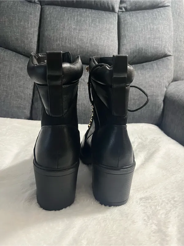 Black Heeled Lace-Up Ankle Boots with Gold Hardware - Image 4