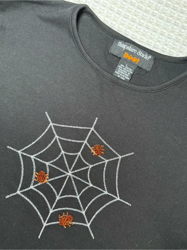 Hampshire Studio Boo Halloween Shirt Womens Large Long Sleeve Spider Web Bling - Image 2