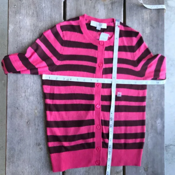 Ann Taylor LOFT Womens Sweater Sz XS Striped‎ Crewneck Cardigan Pink Chocolate - Image 6