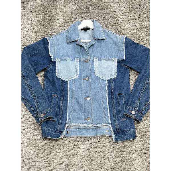 RD Style Womens Size XS Patchwork Denim Jacket Two Tone Blue Raw Hem Distressed - Image 2