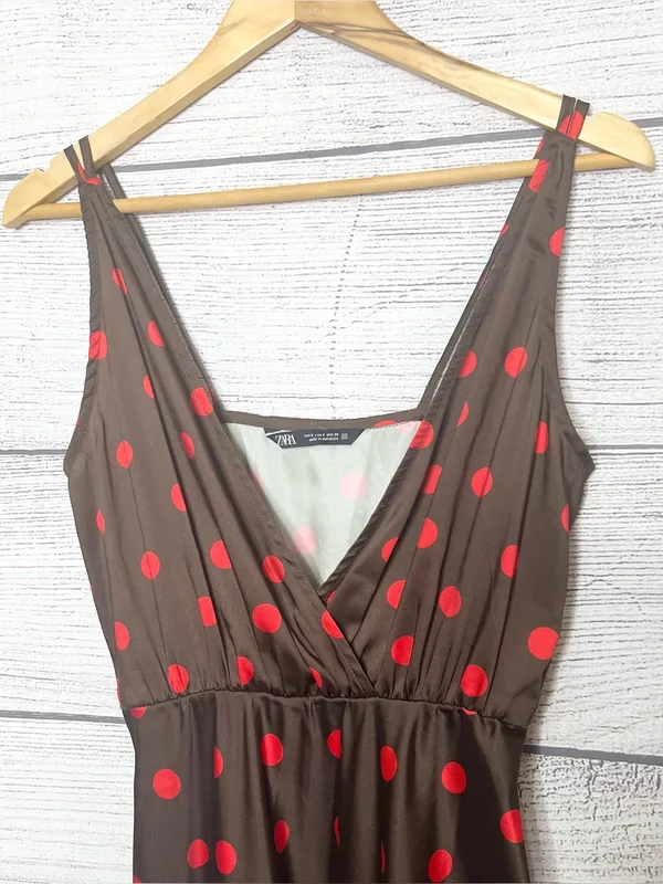 ZARA Brown & Red Polka Dot Sleeveless Midi Slinky Satin Slip Dress Size Small - Image 5