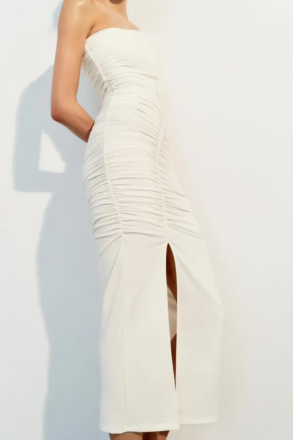 ZARA Sad maxi dress ruched stretch white wedding Elegant White One-Shoulder evening - Image 11