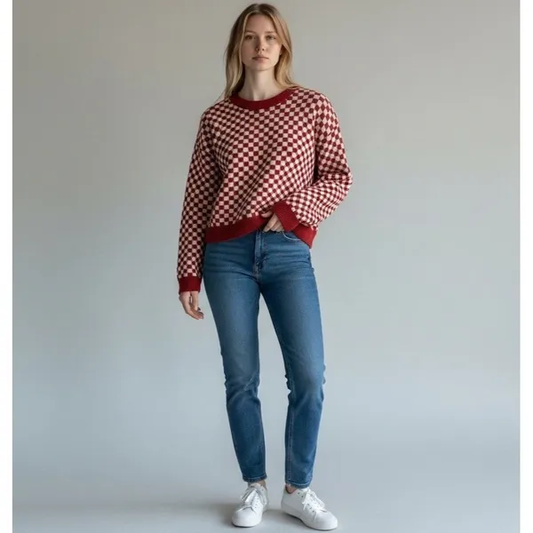 Madewell Checkerboard Jacquard Pullover Sweater S Alpaca Boxy Scarlet - Image 10