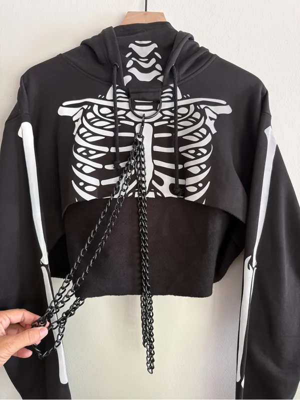 Dolls Kill Trickz N' Treatz Flesh N' Bones Reflective Skeleton Hoodie w Chains S - Image 4