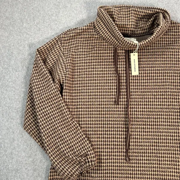 Max Studio Houndstooth Cowl Neck Dress Women's Medium Brown Long Sleeve Pockets - Image 4