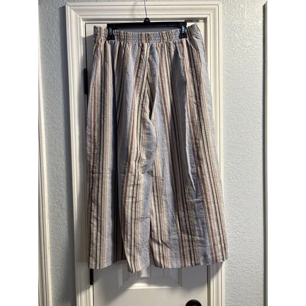 Hem & Thread Wide Leg Pants Women Large Blue Striped Cotton Gauze Boho 6944 - Image 3